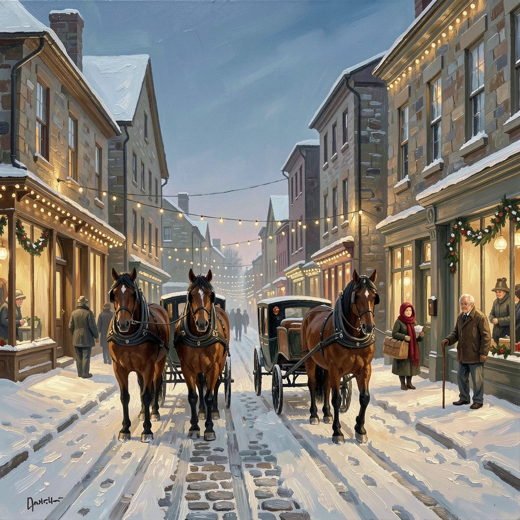 A quiet snow-covered street in Quebec City shows horse-drawn carriages passing stone buildings adorned with warm holiday lights, local life visible in the background, adding a quiet sense of authenticity to the scene.