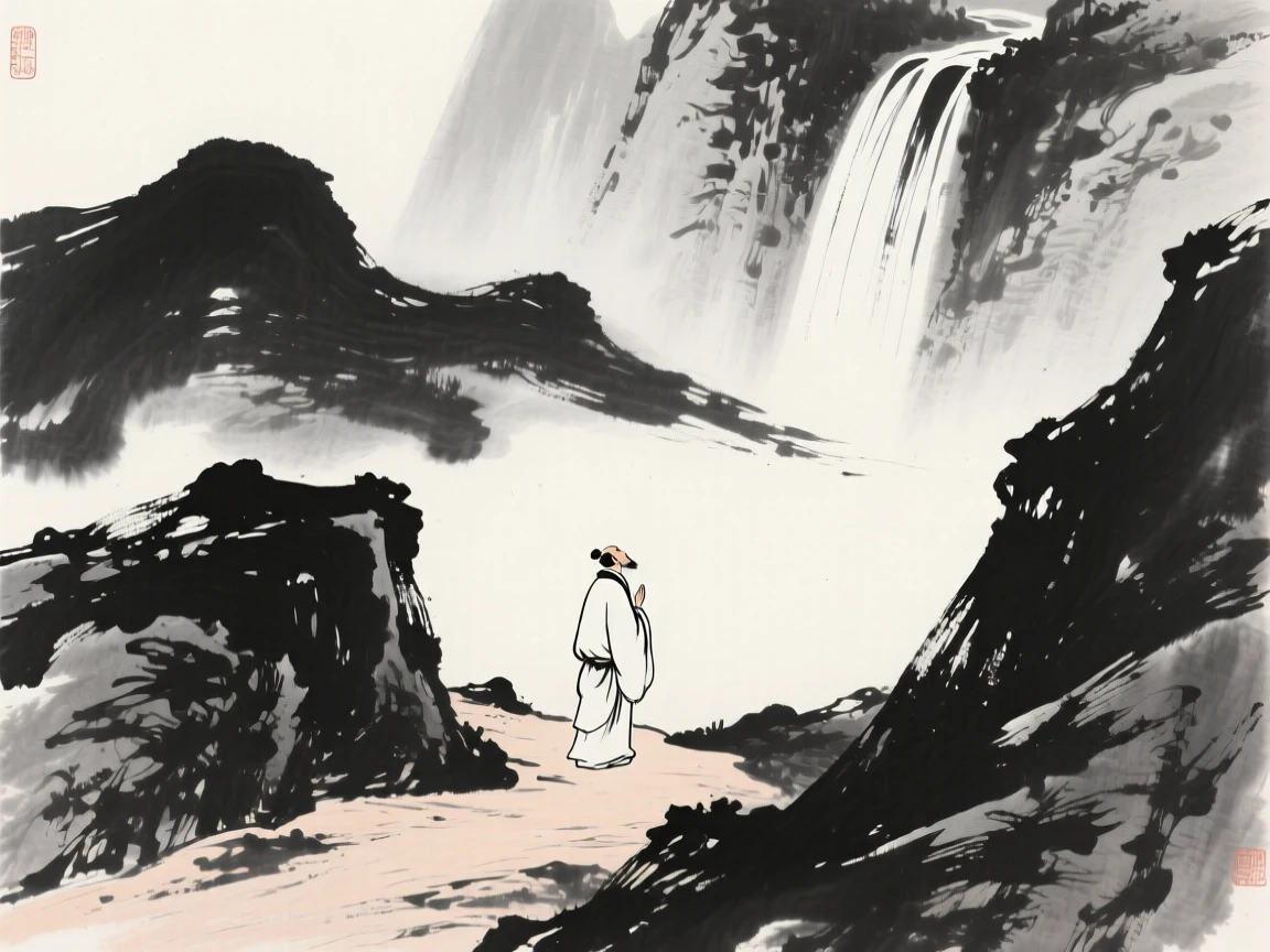 A traveler pauses on a mountain path to admire the view below, with a waterfall visible cascading in the distance.