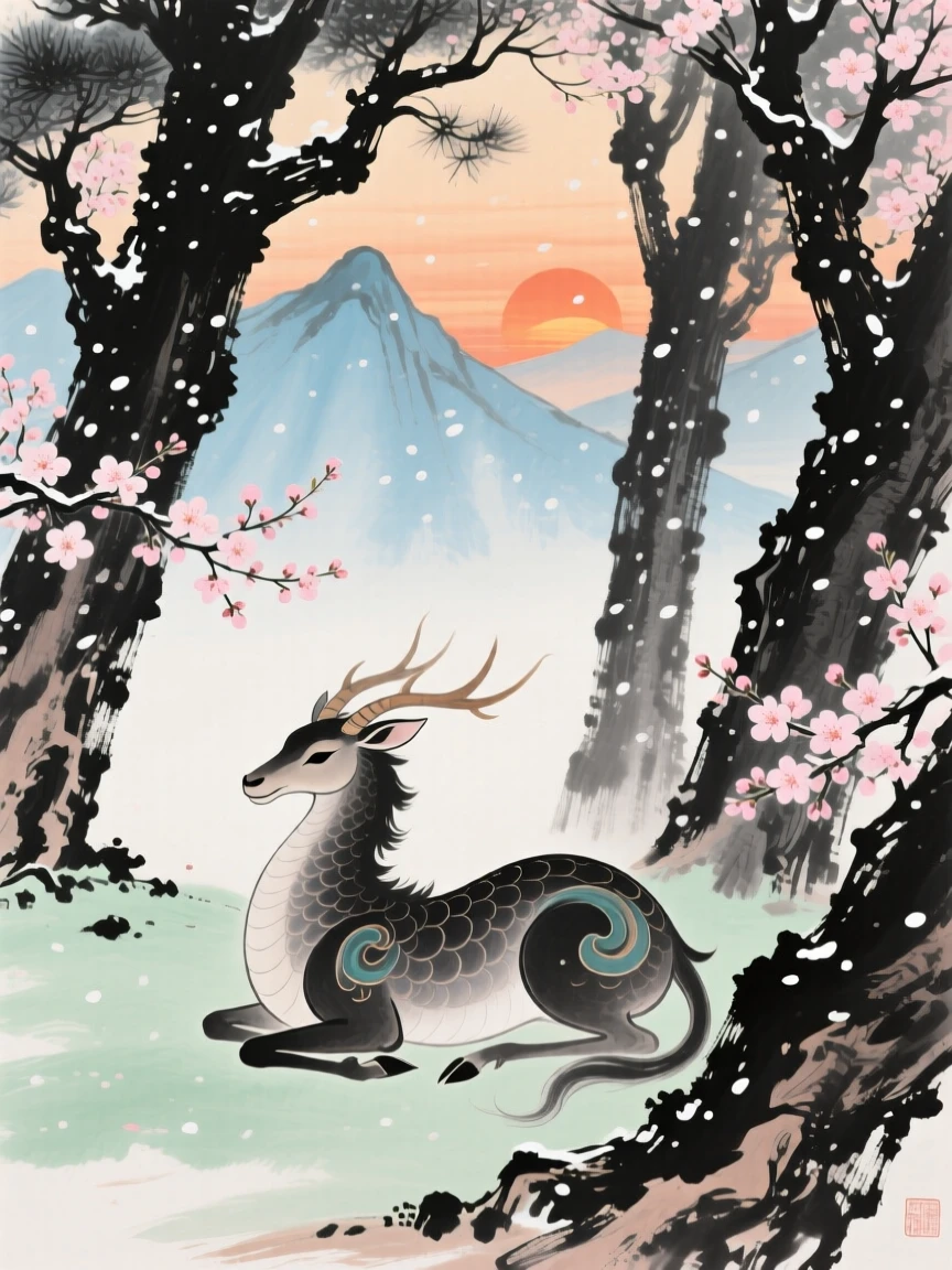 A mythical qilin resting beneath a grove of ancient sacred trees, as spring blossoms unfold, as the sun sets behind distant peaks, beneath softly falling snow.