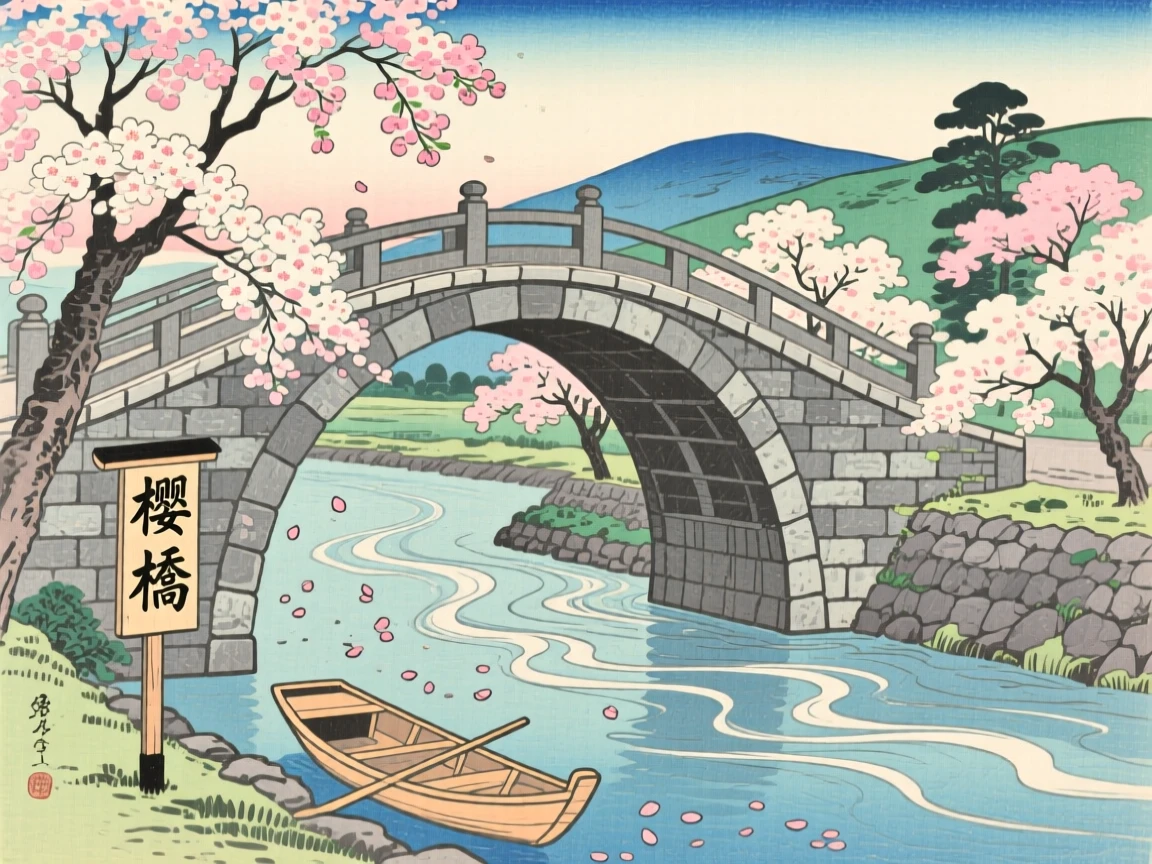 A stone canal bridge rising above blossoming cherry trees.