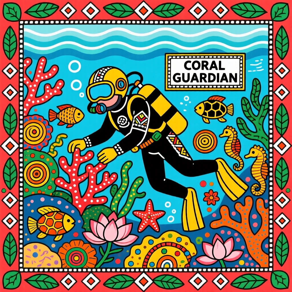 A coral restoration diver placing new coral among a thriving reef.