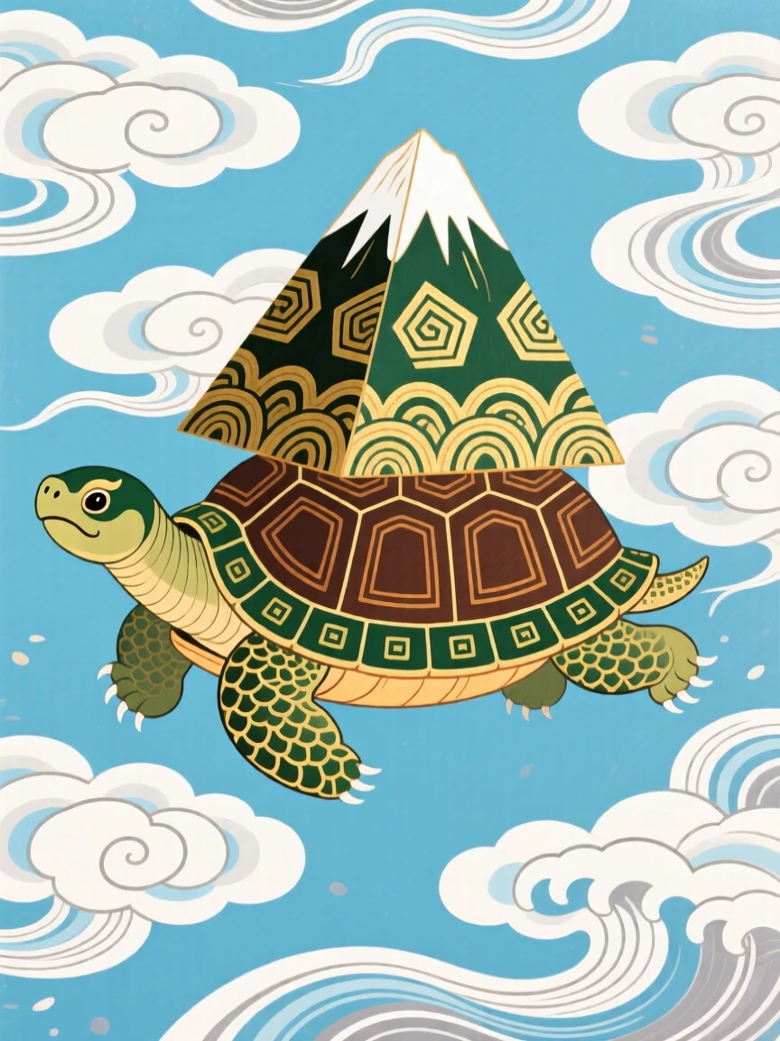 An ancient turtle carrying a mountain on its back soaring above swirling clouds.