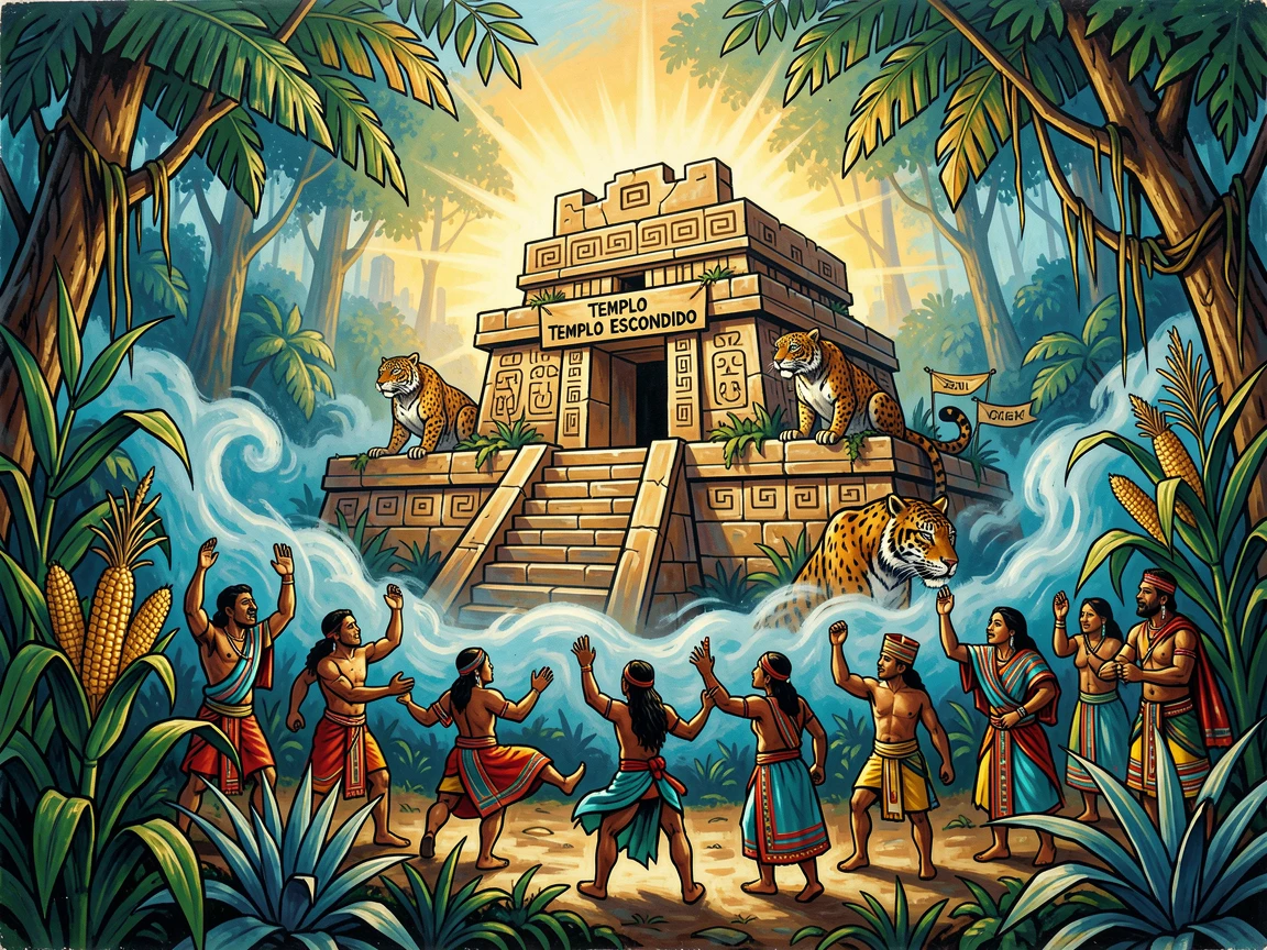 A hidden temple glowing softly within a misty jungle