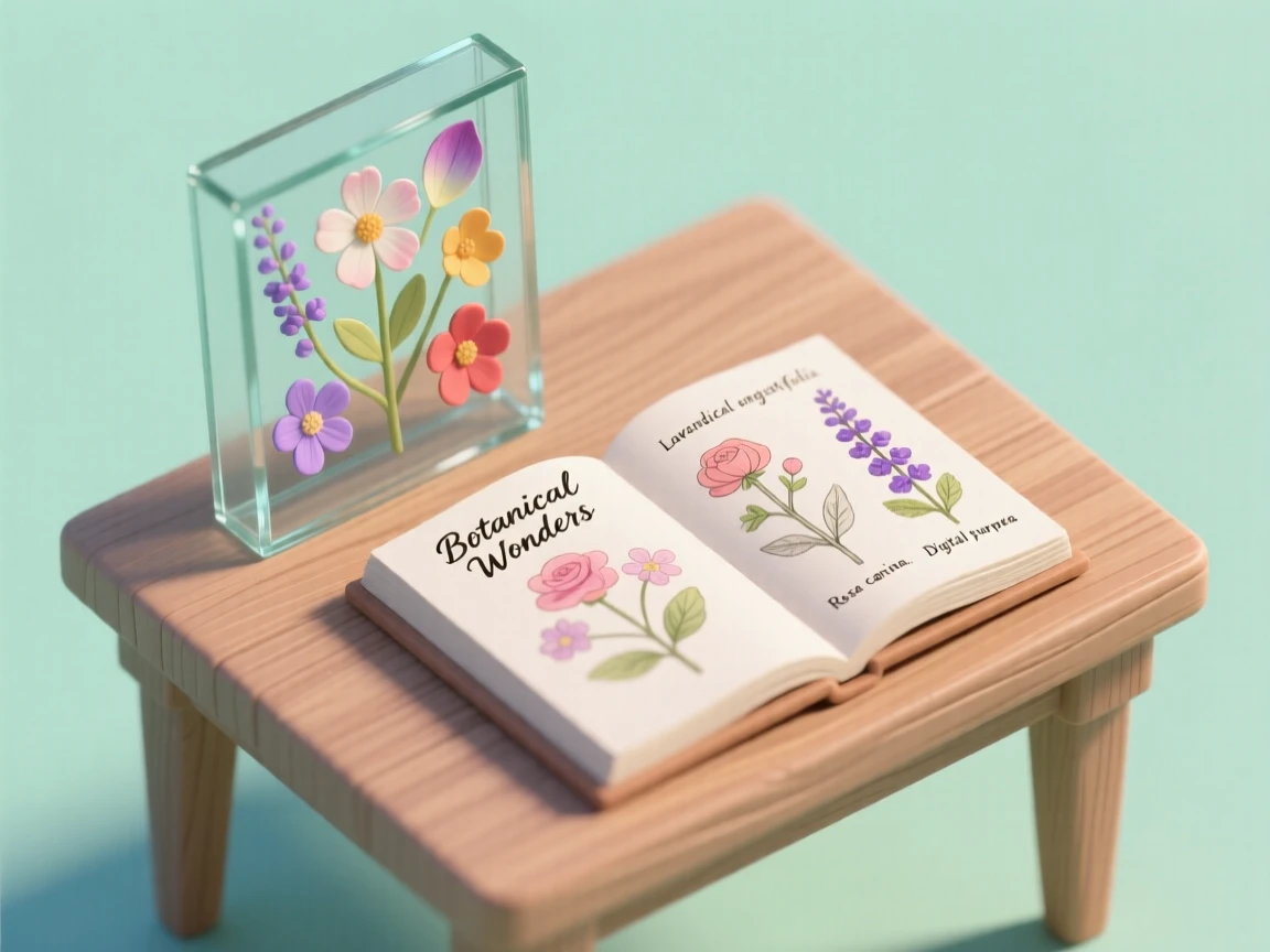 A pressed flower art session with delicate petals arranged under glass, a book of botanical drawings open nearby.