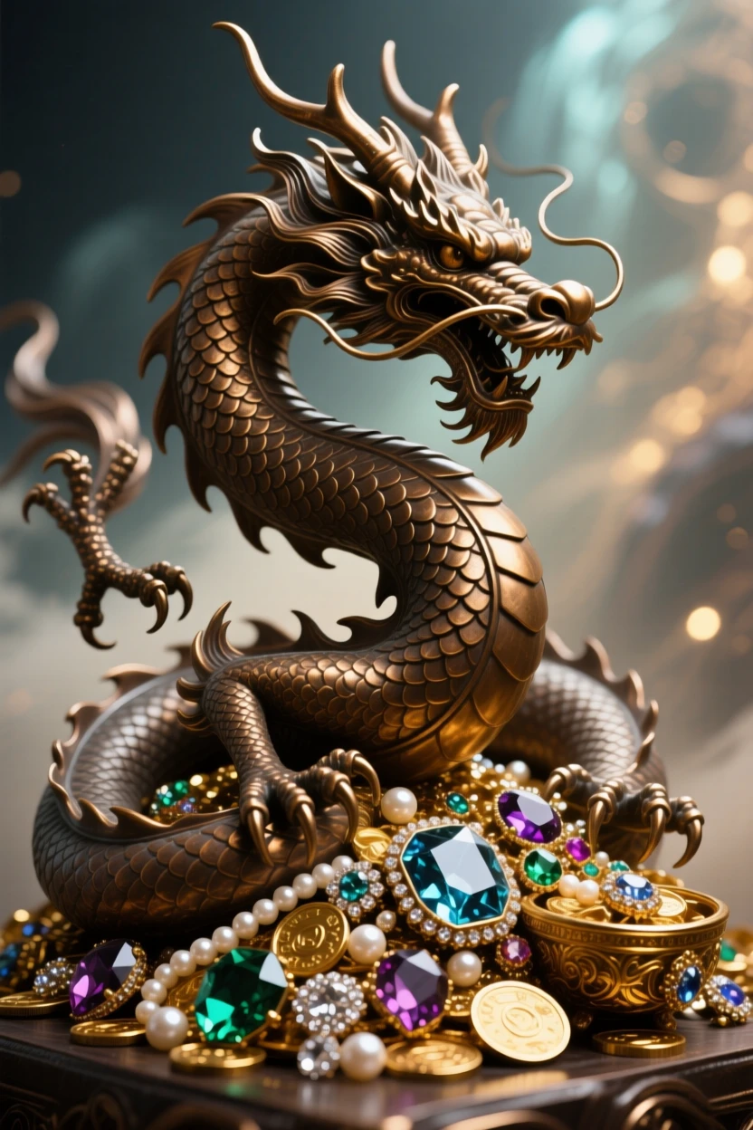 A dragon curling protectively around its hoard of jewels, bathed in ethereal, otherworldly glow, radiating awe and grandeur