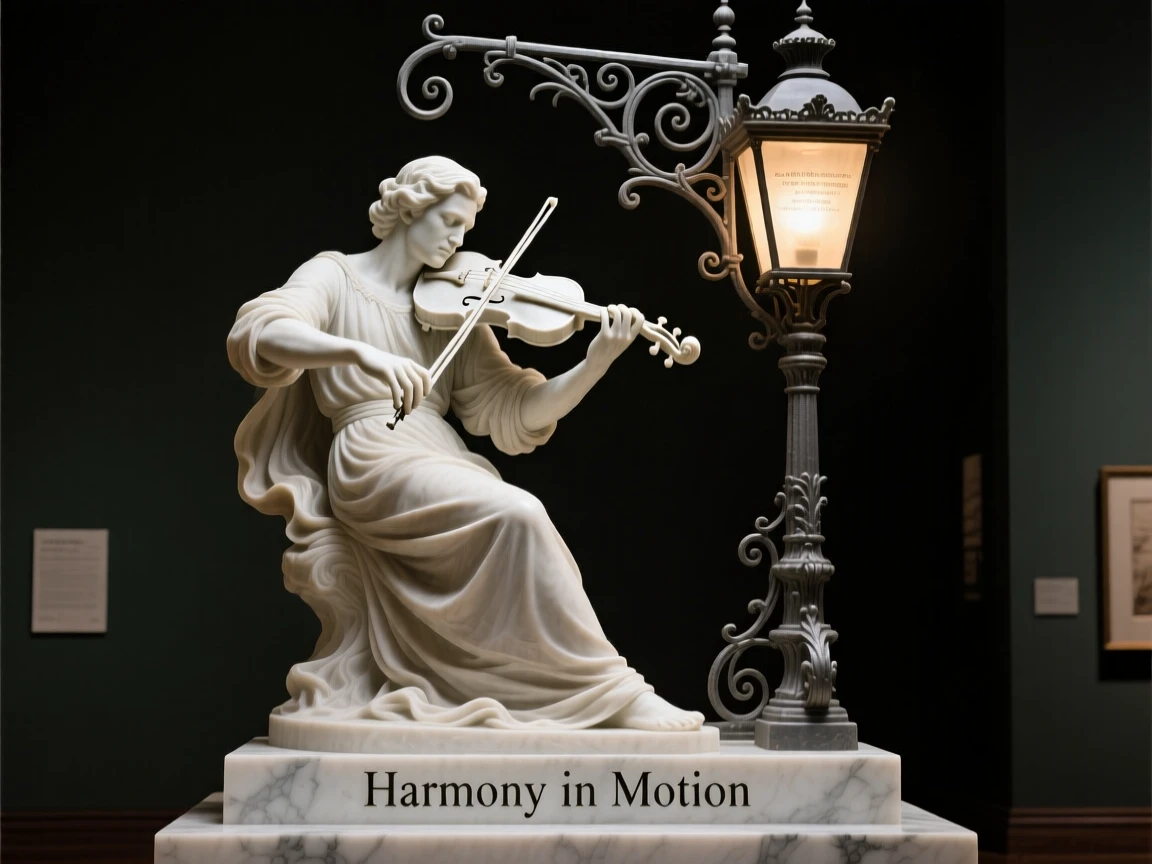 A vivid, emotionally rich scene of a violin player performing beneath a streetlamp, captured with cinematic depth and detail, designed to captivate and inspire