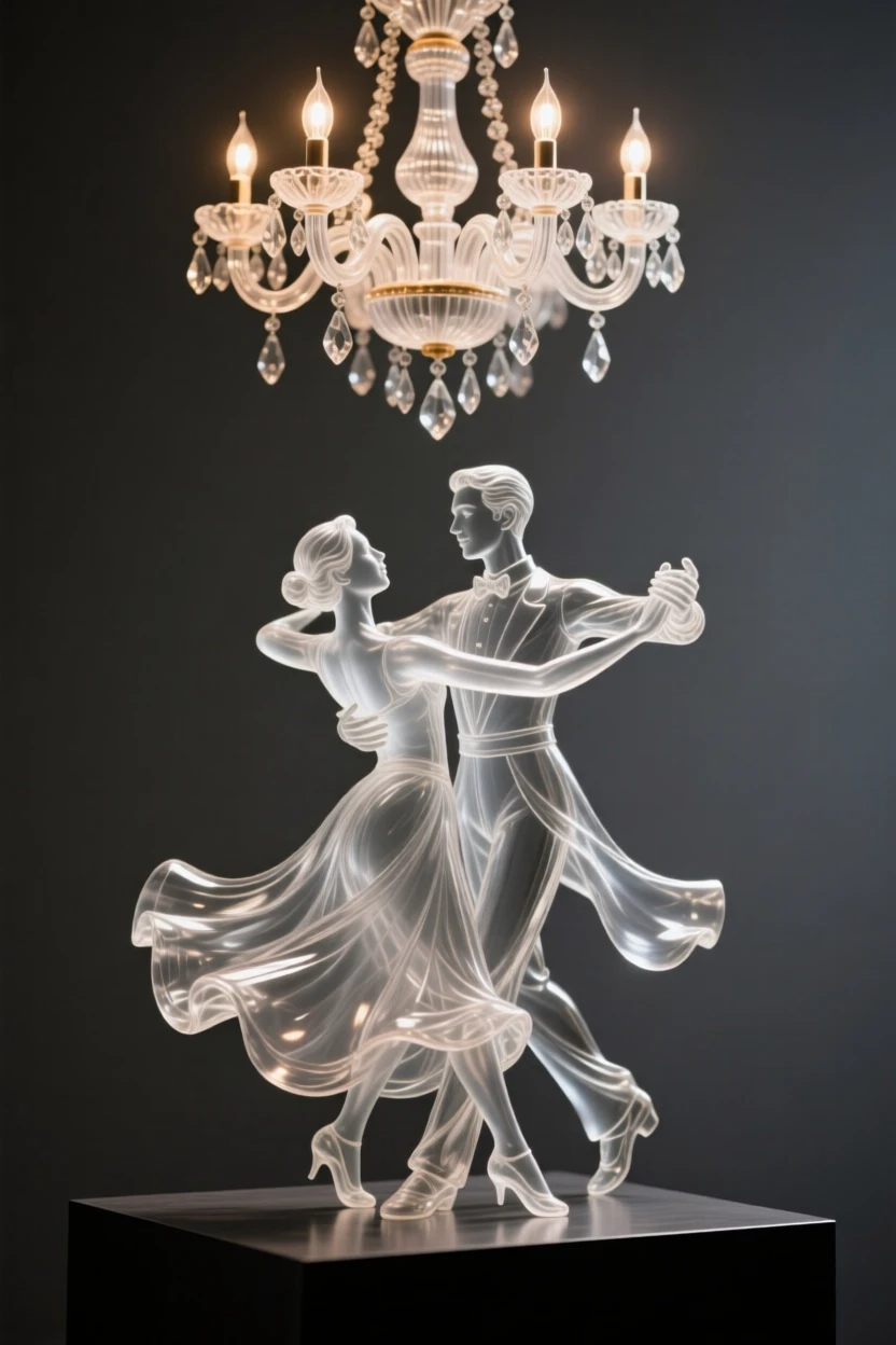 With the sound of applause rising from an unseen audience, a ballroom couple mid-spin beneath a grand chandelier, while a warm light spills across the surrounding stage