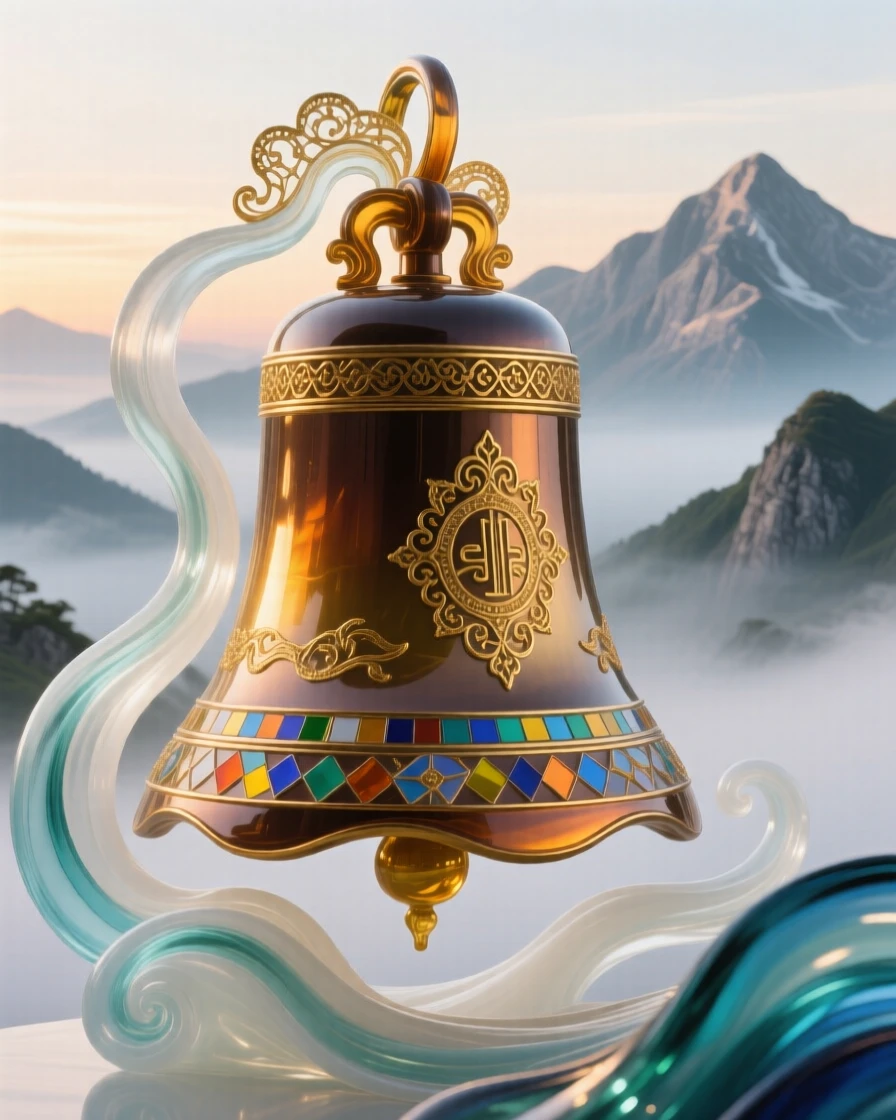 A grand temple bell ringing at dawn as mist rises from surrounding mountains, serene and resonant.