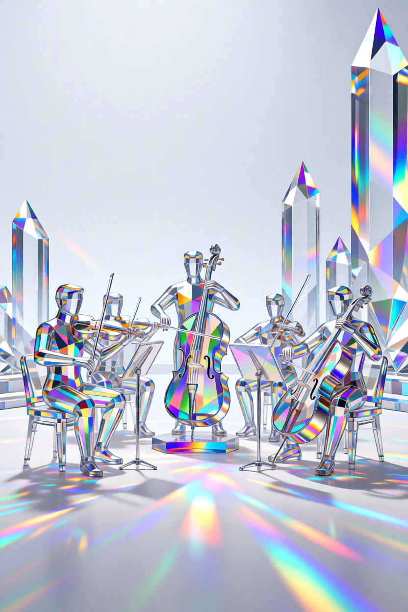 A holographic orchestra performing in an empty futuristic concert hall.