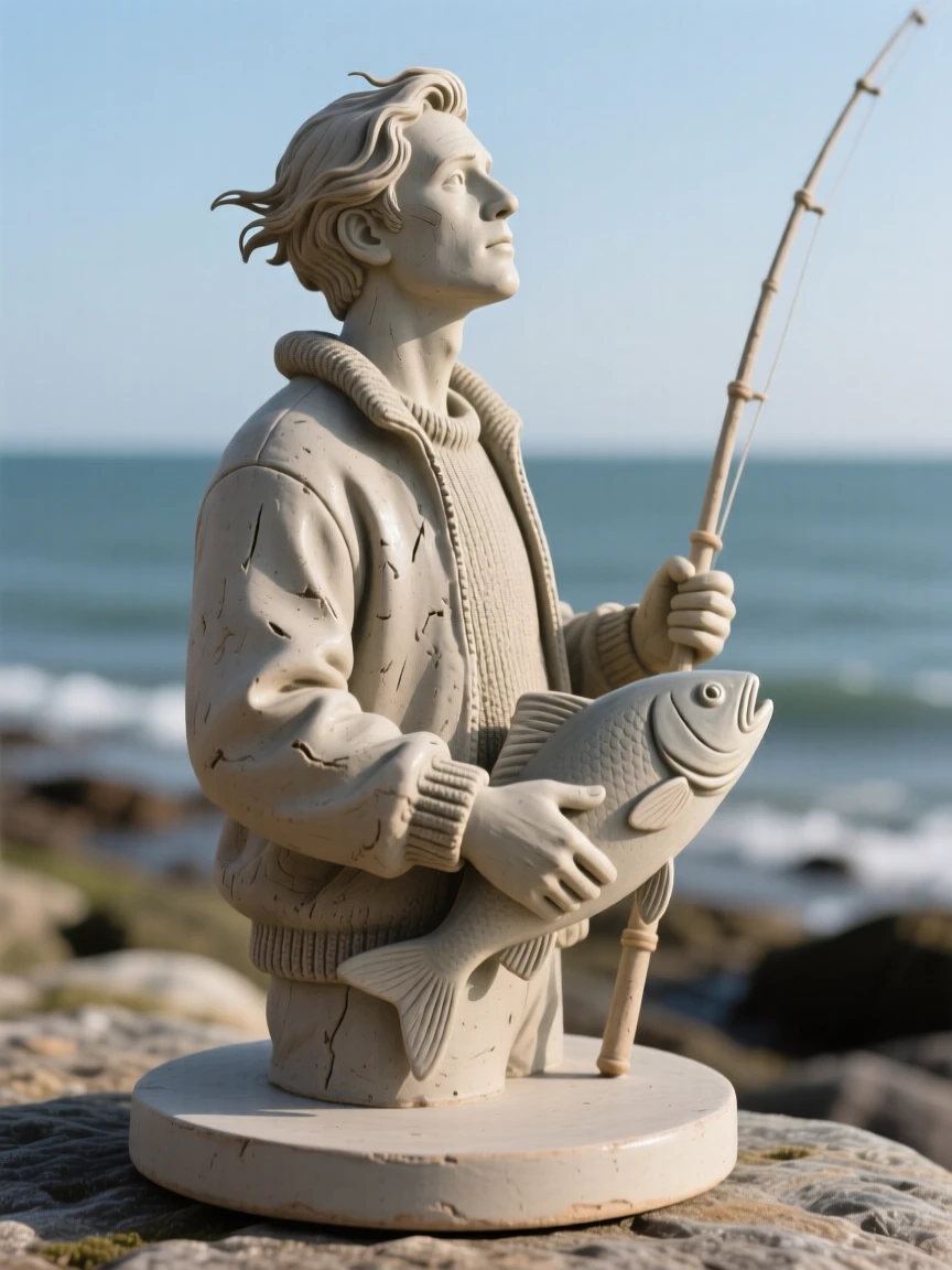 A fisherman gazing out toward the sea standing proudly with chin lifted high, with delicate strands of hair catching the breeze, evoking tenderness and quiet intimacy.
