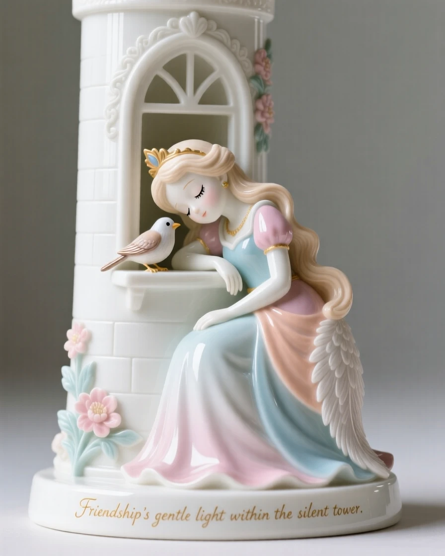 A storybook depiction of a sleeping princess in a tower sharing an unlikely moment of friendship, rendered with warm, nostalgic charm.