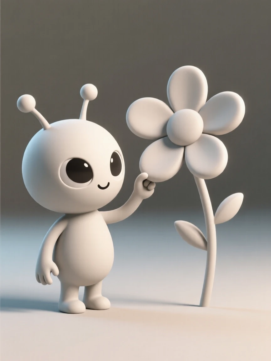 A curious tiny alien pokes at a flower with a tentacle, utterly fascinated by its unfamiliar Earth scent.