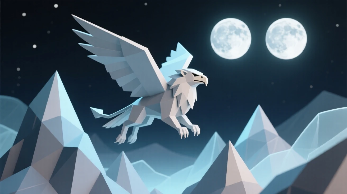 A griffin soaring above jagged mountain peaks, beneath twin moons glowing in the night sky. the composition frames the subject as a clear focal point. A gentle, magical glow softens the scene.