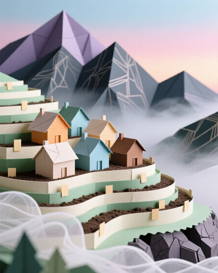 A terraced hillside village quiet and misty at early dawn, with mountains rising dramatically in the background, evoking quiet, timeless beauty.