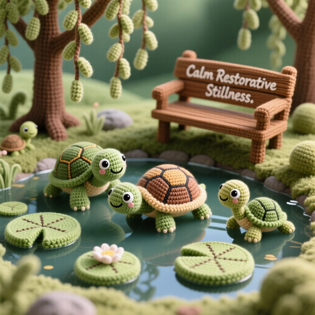 A tranquil view of a small pond dotted with lily pads, home to a family of turtles, reflecting the surrounding willow trees, at the edge of a quiet, untouched wilderness, with a single wooden bench resting nearby, evoking calm, restorative stillness.