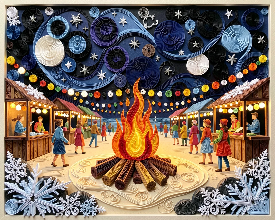 a summer beach bonfire under a starry sky, in a bustling holiday market filled with twinkling lights, captured with festive bokeh lights in the background, with delicate frost patterns on nearby surfaces.