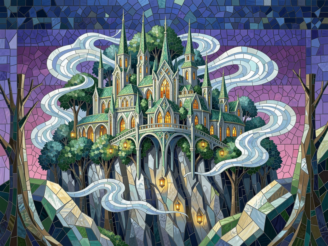 An epic fantasy scene of an ancient elven city built into a towering cliffside forest, with swirling mist and glowing highlights.