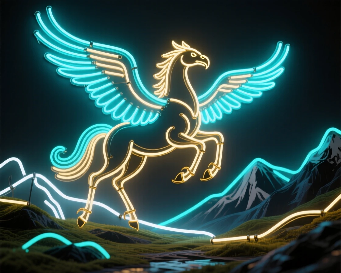 A hippogriff landing gracefully in a mountain clearing.