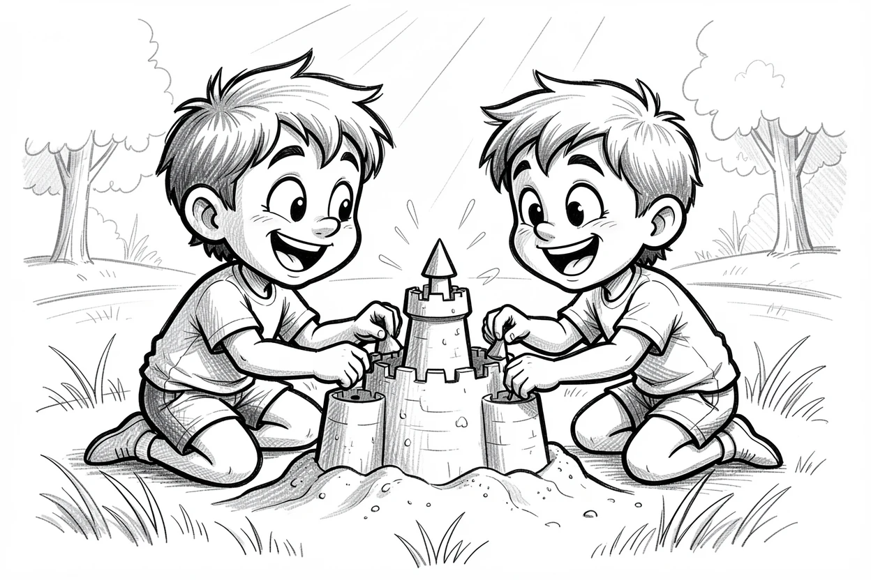 Two kids building a sandcastle on a sunny afternoon in the park.