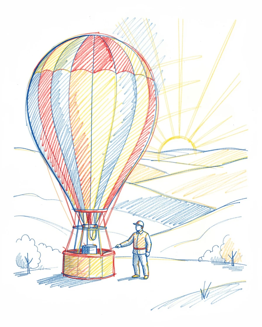 A hot air balloon pilot preparing for takeoff at sunrise over a valley