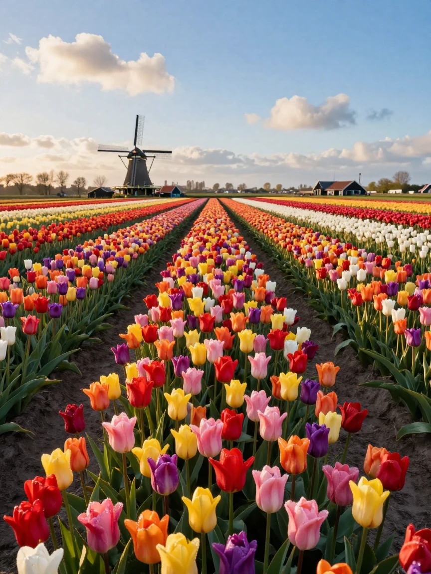 A tulip field in the Netherlands arranged in vibrant stripes