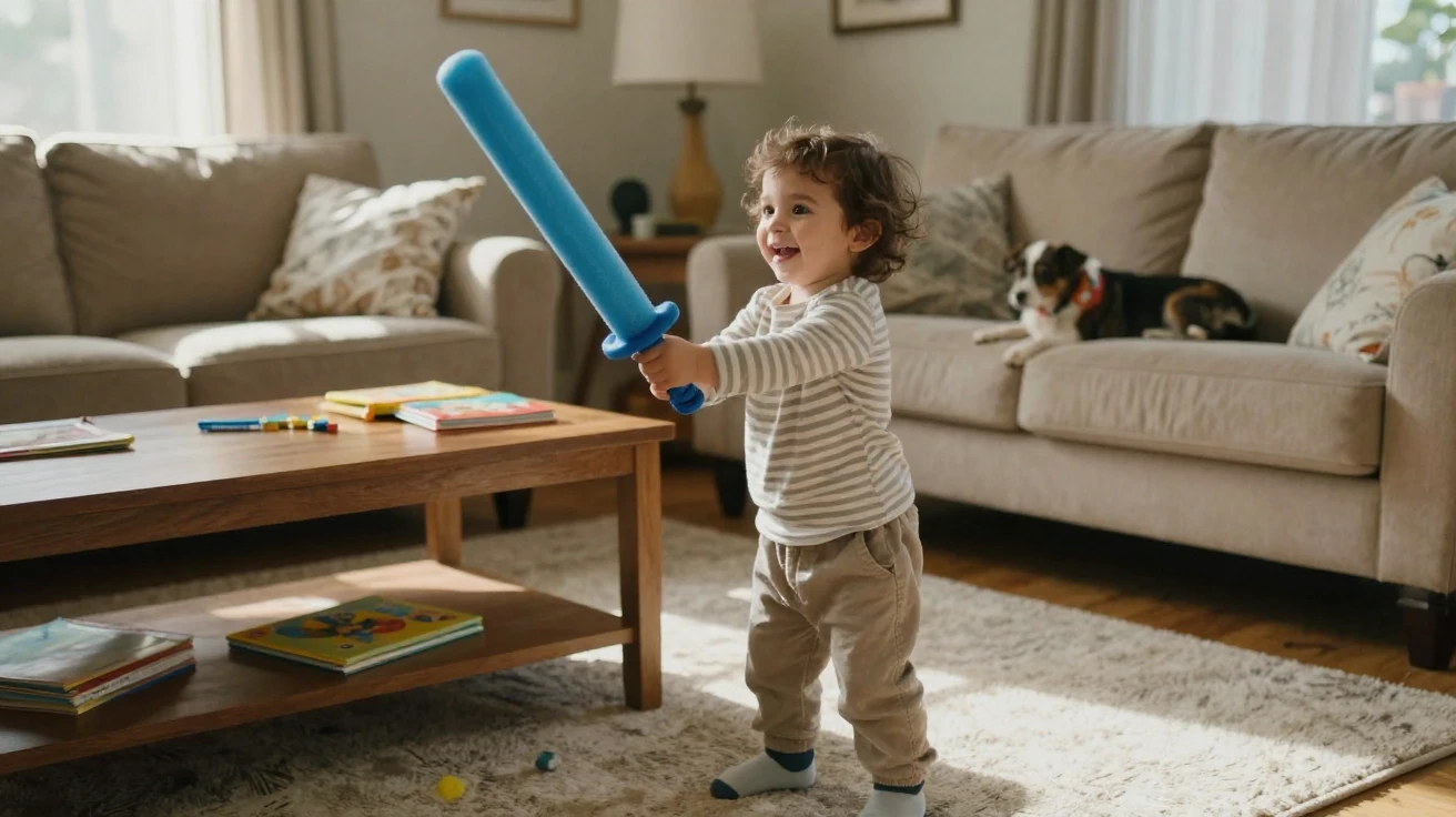 A toddler 'directs traffic' with a foam sword in the middle of the living room.