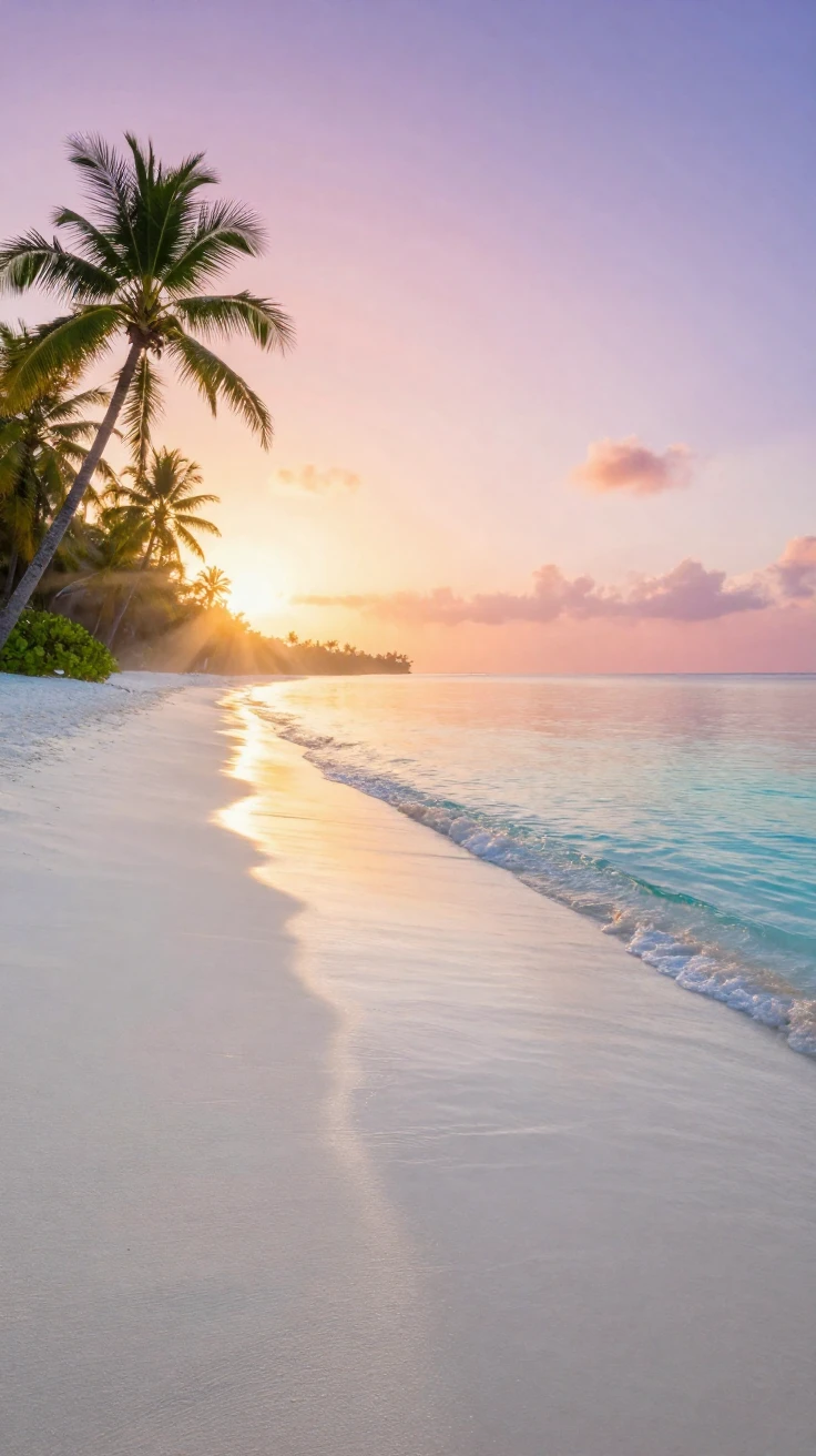 A tropical beach with turquoise water lapping against pure white sand at sunrise