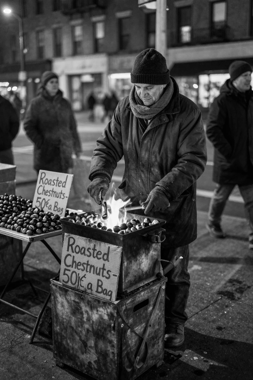 A vendor sells roasted chestnuts on a cold evening beside a glowing brazier.