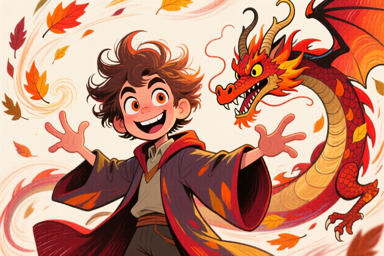 A young sorcerer conjuring a swirling storm of autumn leaves shaped like a dragon.