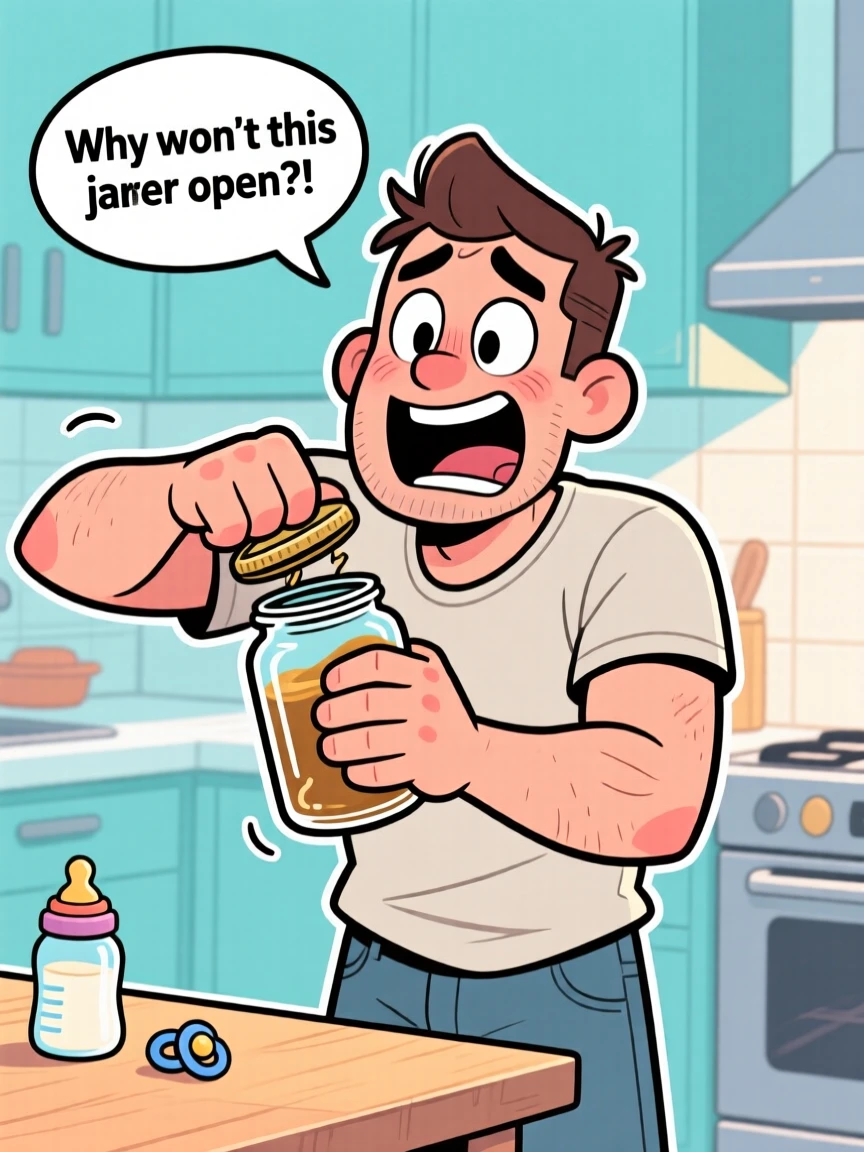 A funny expressive moment showing a new dad struggling hilariously to open a stubborn jar, with wide eyes and an open-mouthed grin.