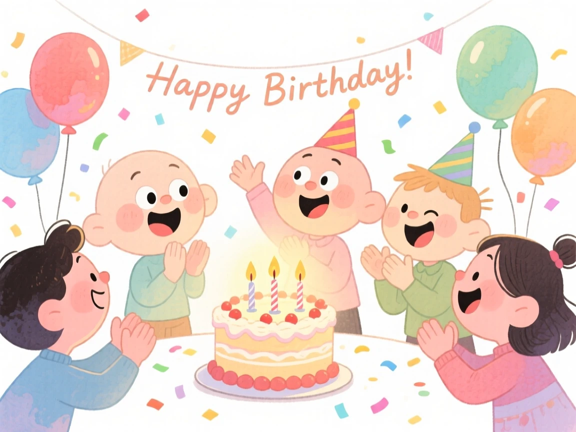 A joyful celebration scene of a birthday party with balloons, confetti, and a candle-lit cake, glowing with soft festive light