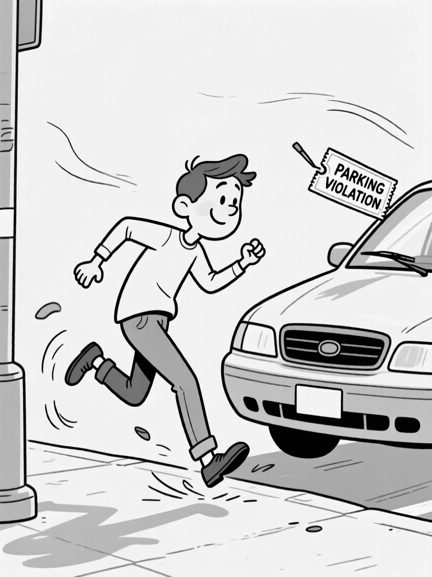 A person trying to act natural after tripping in public, freezing mid-step with one foot dramatically raised, set on a windy street corner. A parking ticket flutters ominously under a wiper. There's a warm, self-deprecating humor to the moment.