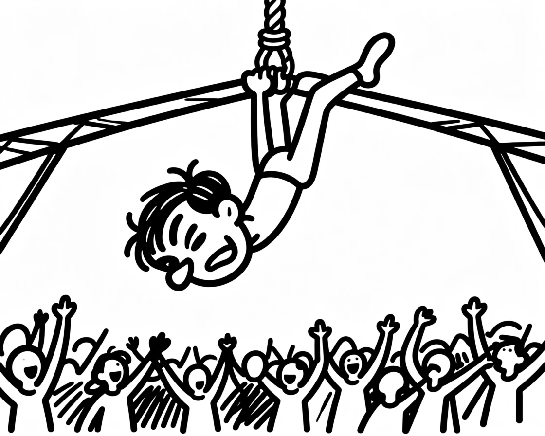 A circus acrobat performing a daring trapeze flip high above a cheering crowd.