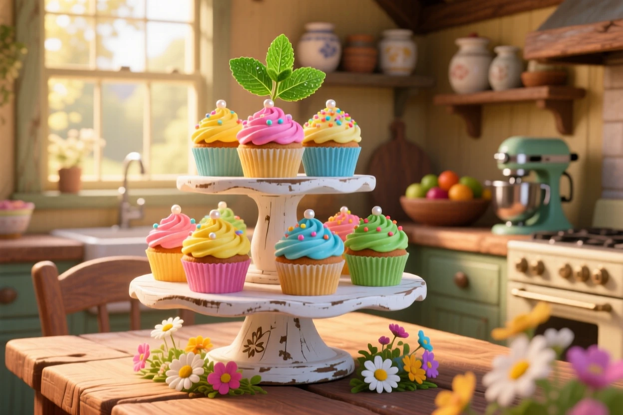 A tiered display of colorful cupcakes sits on a rustic wooden farmhouse table, garnished with a sprig of fresh mint. The mood is festive and appetizing.