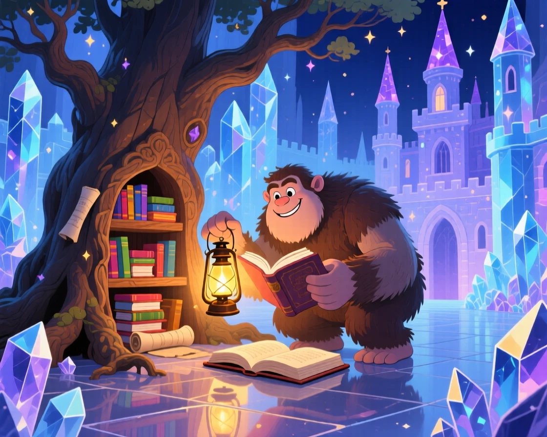 Deep within a castle made of crystal, a friendly giant spends the evening discovering a hidden library inside a giant oak, while soft golden light spills from an old lantern.
