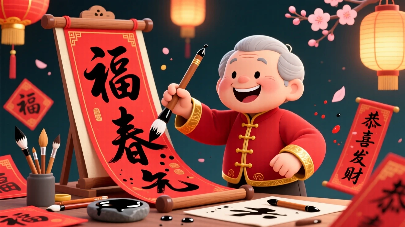 A calligrapher practicing brush strokes for Lunar New Year banners.