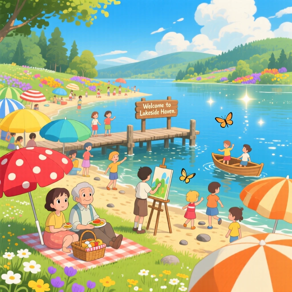 A summer scene of a lakeside beach crowded with colorful umbrellas, as townsfolk go about their day.