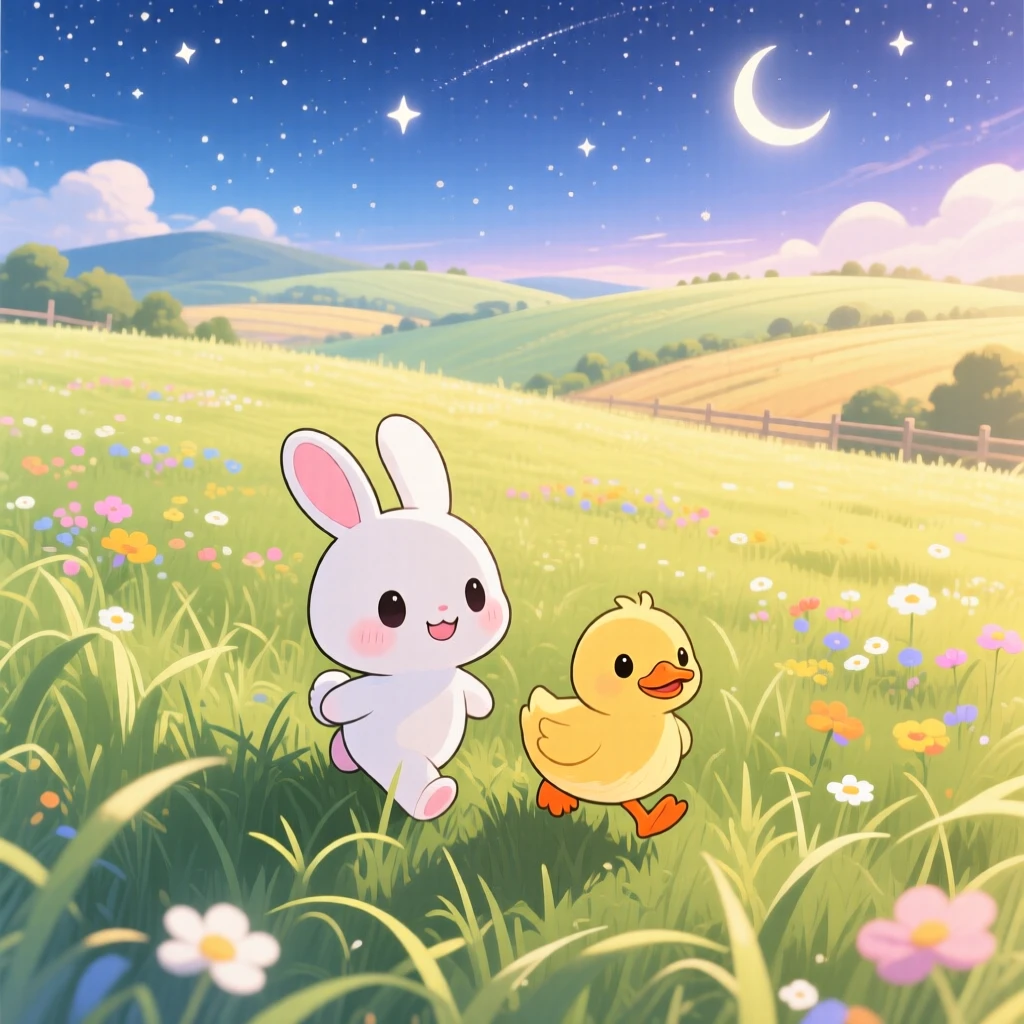 A rabbit and a duckling waddling together through tall grass, framed as a high aerial view within a sunny farm meadow, under a starry midsummer night sky, glowing under bright midday sun, evoking sleepy relaxation.