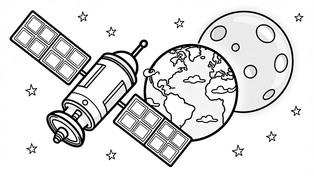 A satellite orbiting Earth with the moon glowing in the background