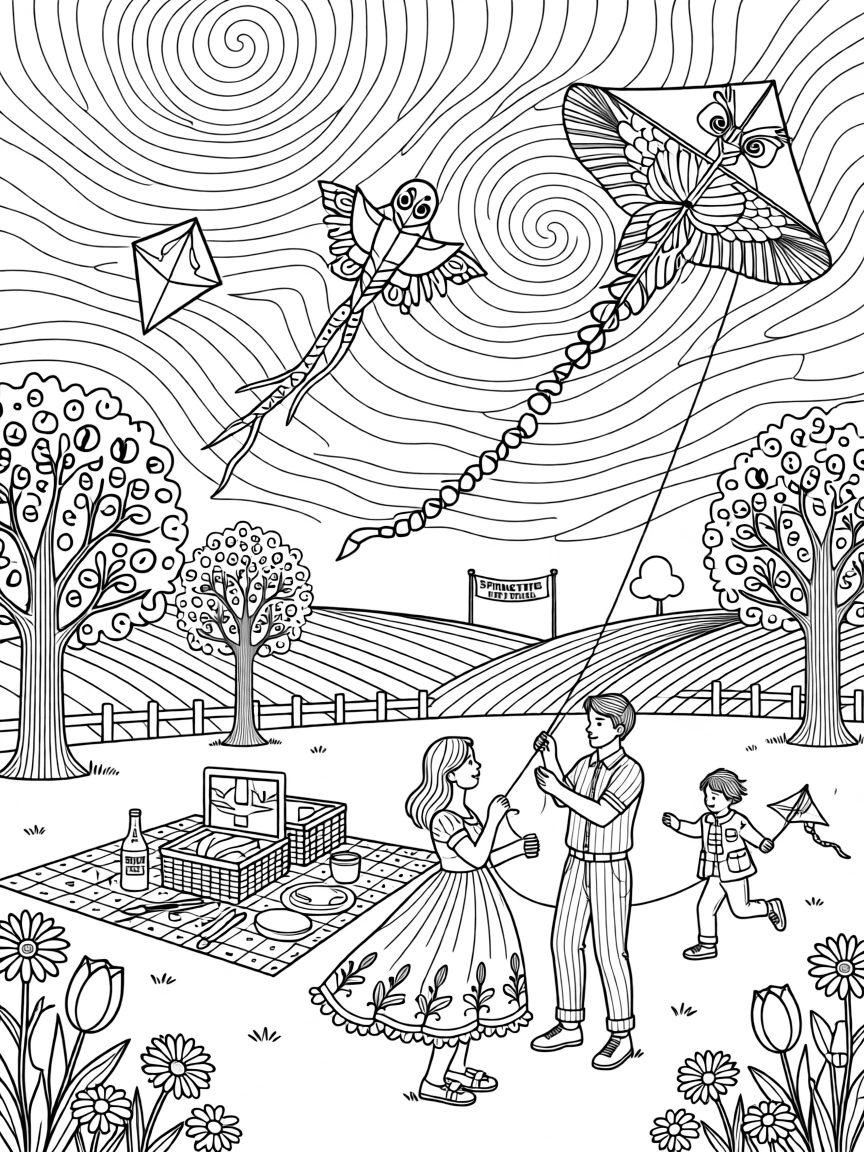 A springtime kite festival scene with colorful kites against a blue sky.