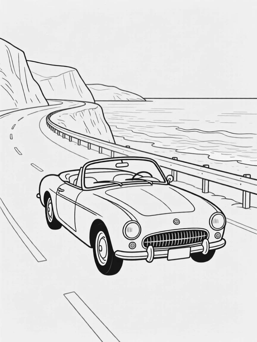 A classic convertible driving along a coastal highway