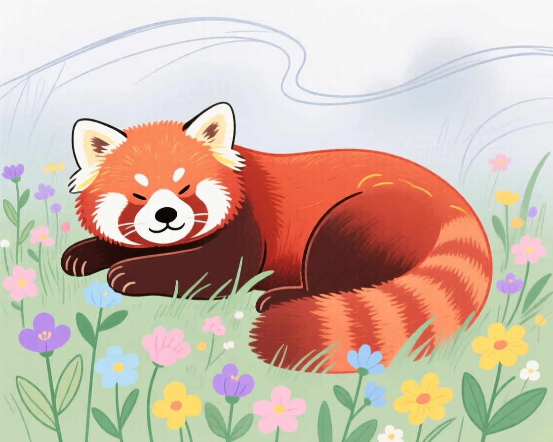 A red panda resting near a wildflower field as fog rolls in.