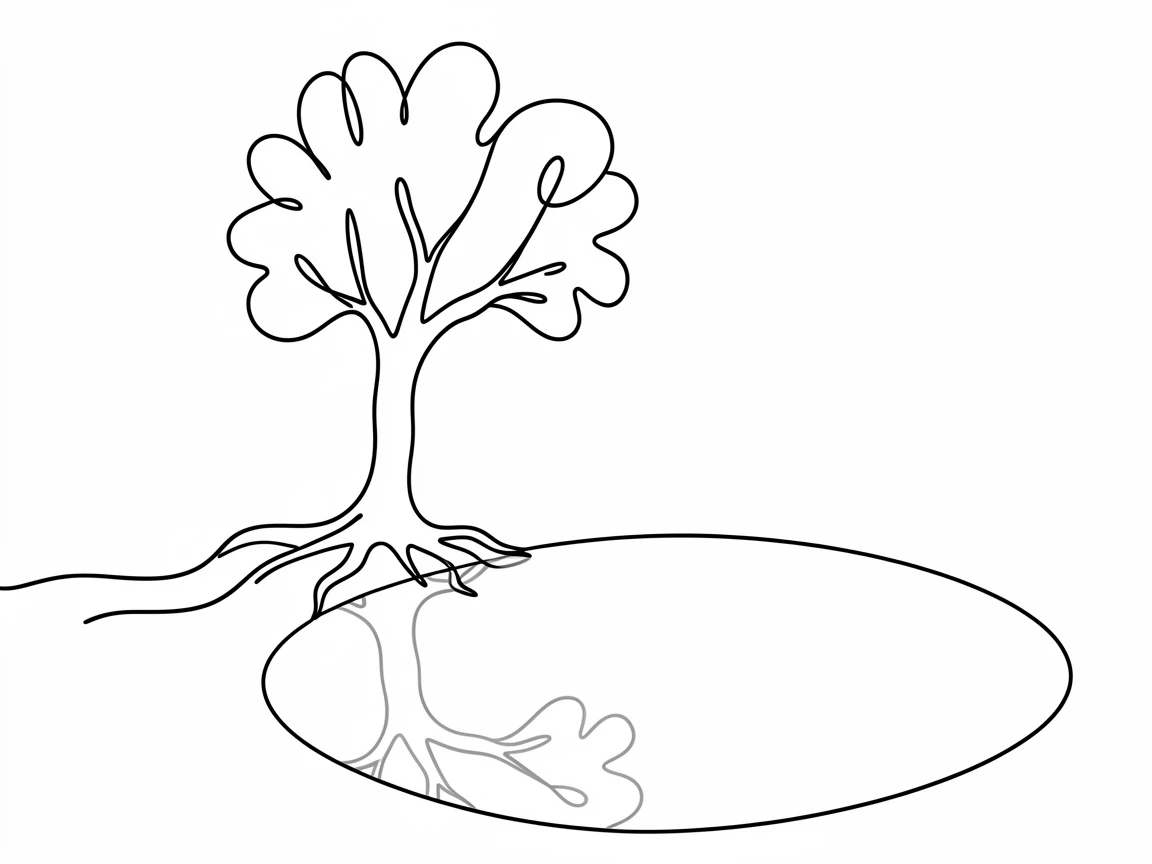 A single tree with roots visible growing beside a mirror-still pond, representing reflection