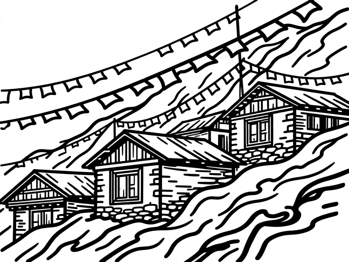 A Nepalese mountain village with colorful prayer flags strung between rooftops.