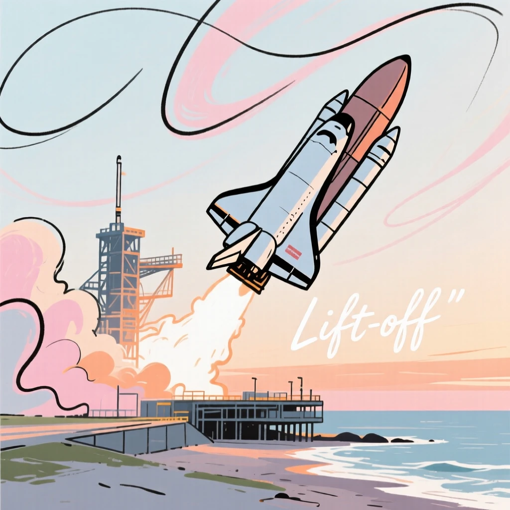 A space shuttle launching from a coastal launch pad at dawn.