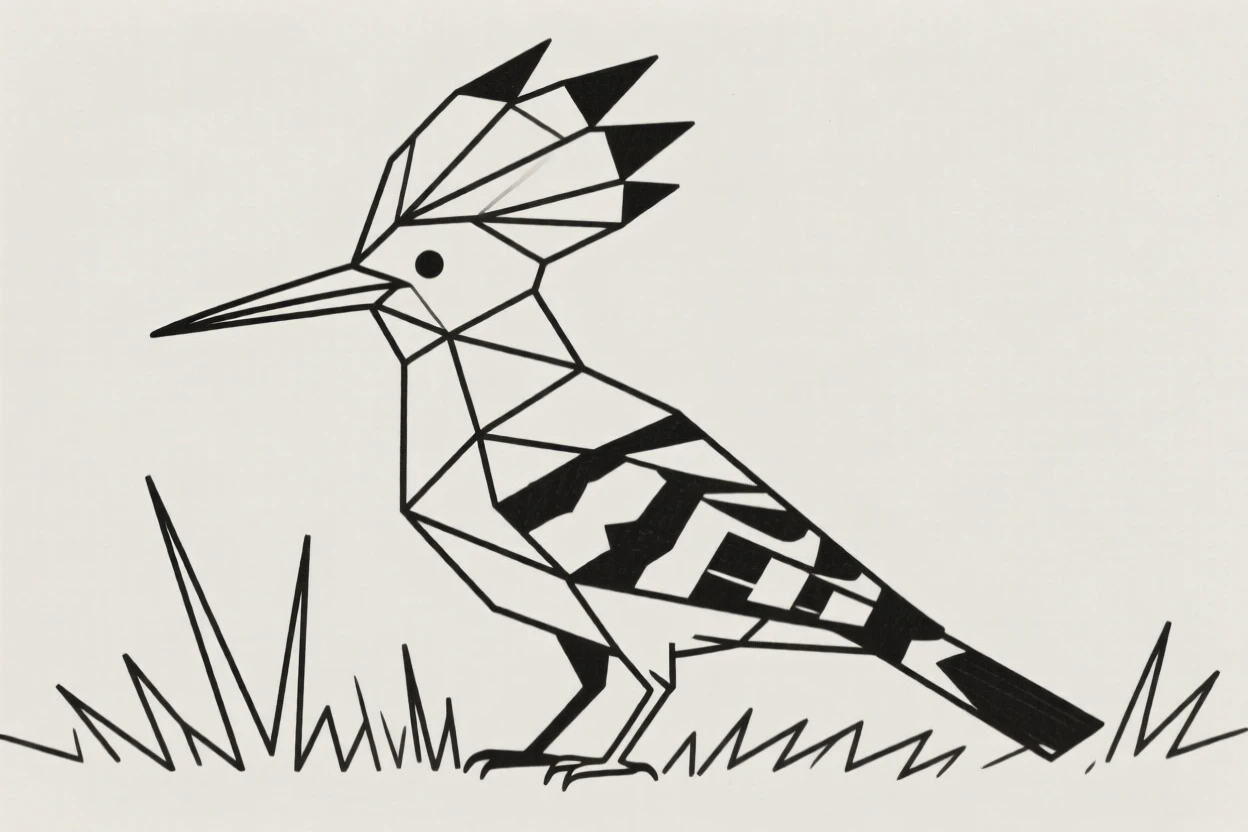 A hoopoe with a fanned crest standing in grass
