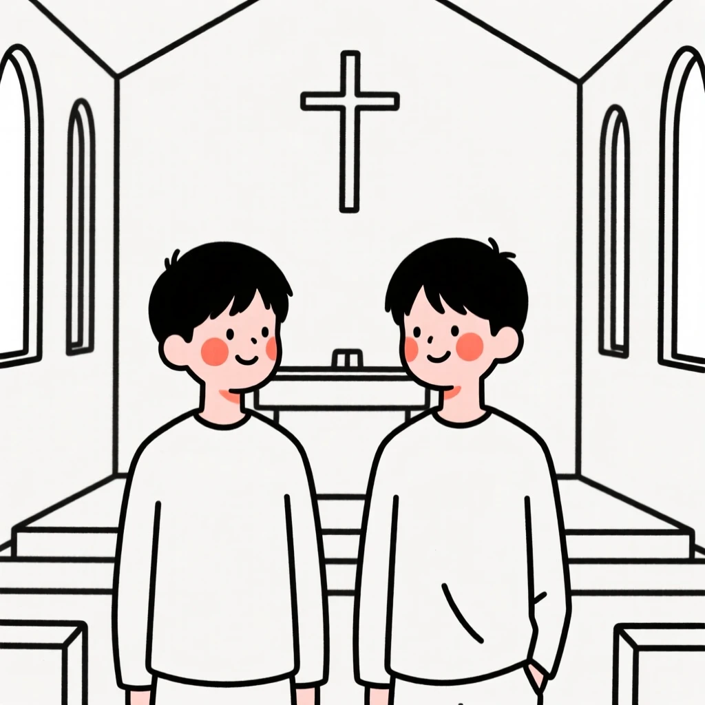 Twin brothers, smiling warmly, in a quiet chapel.