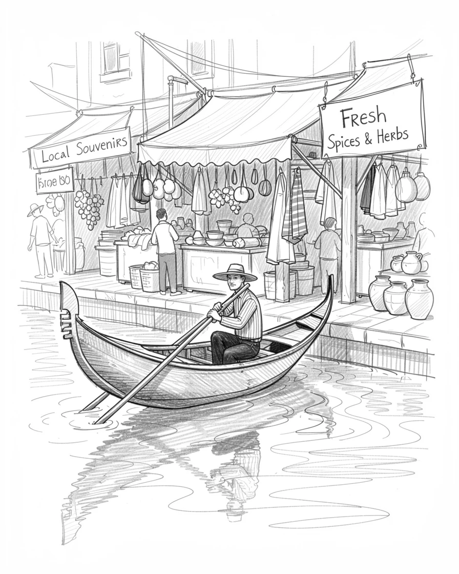 A rich travel moment capturing a lone gondolier rowing a narrow boat in a vibrant open-air bazaar, with reflections shimmering on calm water.