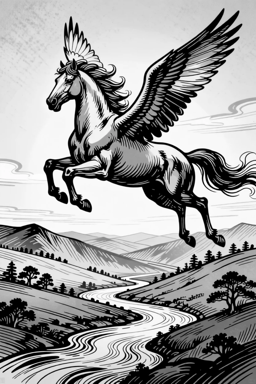 A pegasus soaring gracefully above a valley bathed in golden light.