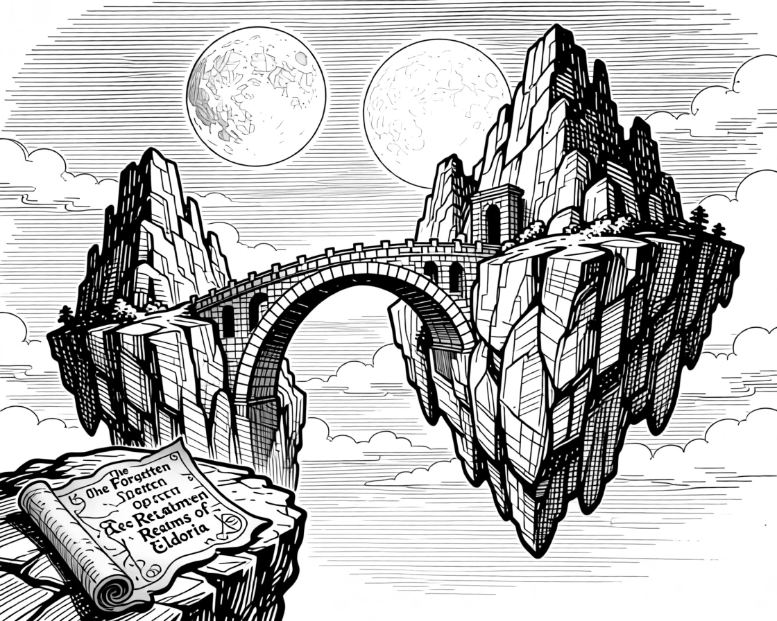 A bridge arching between two floating cliffs beneath a sky filled with twin moons, with an old map unfurled nearby, forming a mysterious and enchanting fantasy scene.